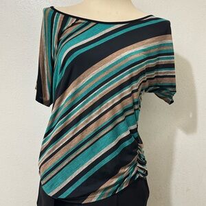 Lavish Teal and Brown Striped Short Sleeve Top